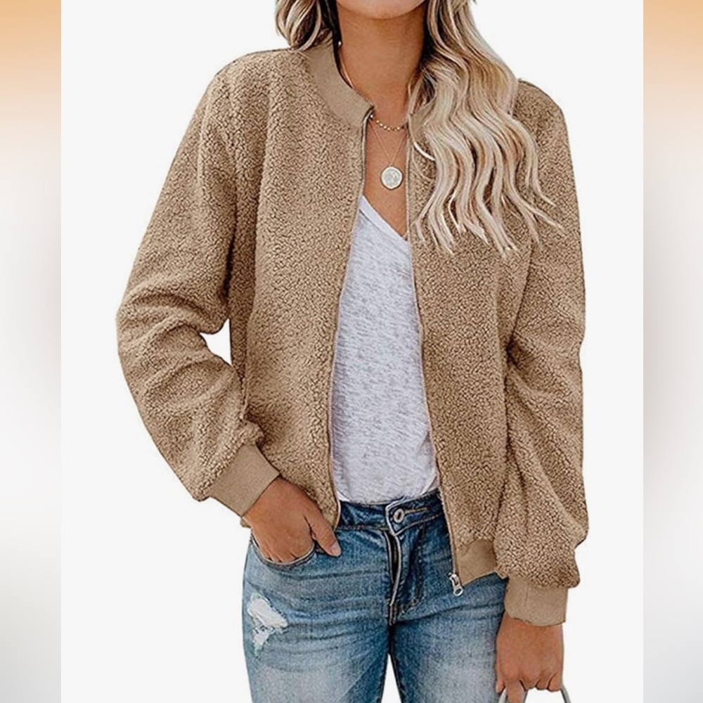 Tan Sherpa Zip-Up bomber Jacket khaki small